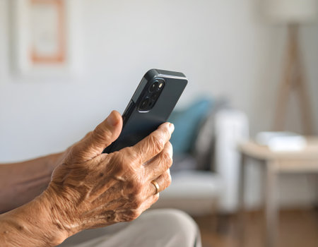 Elderly woman using mobile phone in the living room at homeの写真素材