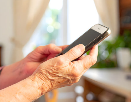Elderly woman using mobile phone in the living room, closeupの写真素材