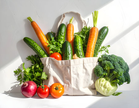 Vegetables in a shopping bag on a white background, top viewの写真素材