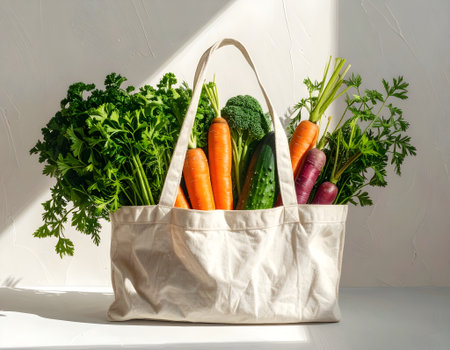 Eco bag with fresh vegetables on table against white wall, closeupの写真素材