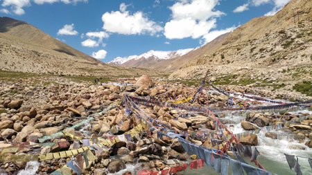 Tibetan prayer flags in the mountains, Leh, Ladakh, India