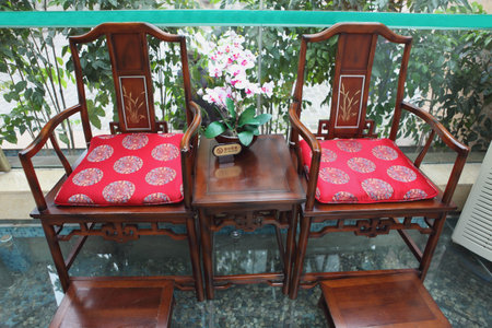 Interiors with Chinese old style wooden chairs のeditorial素材