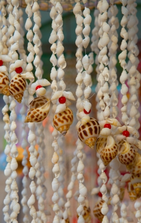Hanging wind chime made from fishing line and shells の写真素材