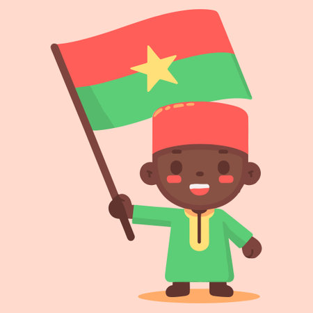Cute african boy holding flag of Burkina Faso. Vector illustrationのイラスト素材