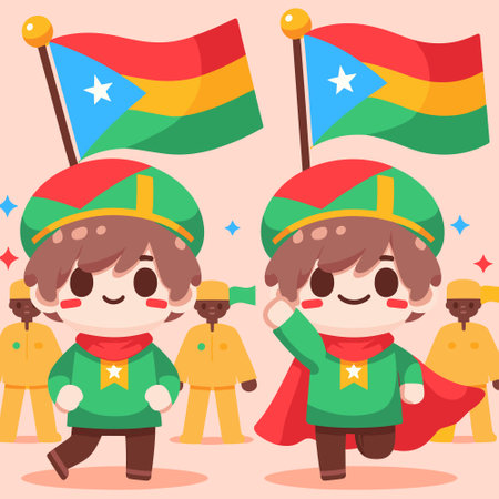 Illustration of a Boy and Girl Waving the Flag of the Comorosのイラスト素材