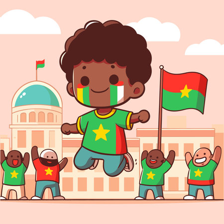 Cute little African American boy holding flag of Burkina Faso. Vector illustrationのイラスト素材