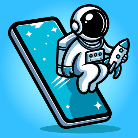 Astronaut on smartphone screen. Vector illustration of a cartoon character.のイラスト素材