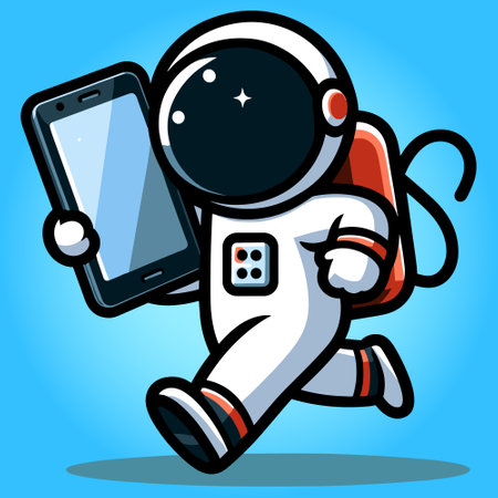Cartoon Astronaut Running with a Smart Phone. Vector Illustrationのイラスト素材