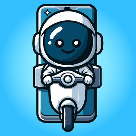 Cartoon Astronaut riding a scooter in a smartphone. Vector illustration.のイラスト素材