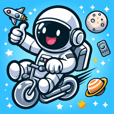 Cartoon astronaut riding a motorcycle and showing thumbs up. Vector illustration.のイラスト素材