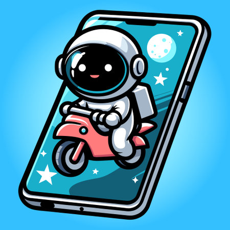 Cartoon astronaut riding a scooter on a smartphone. Vector illustration.のイラスト素材