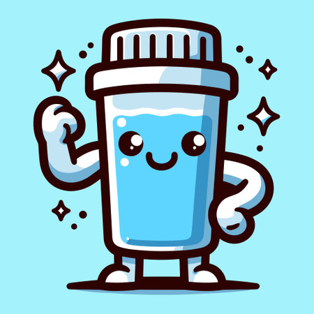 Cute cartoon pill bottle. Vector illustration. Isolated on blue background.のイラスト素材