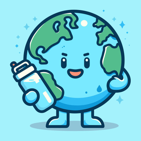Cute cartoon earth holding a bottle of water. Vector illustration.のイラスト素材