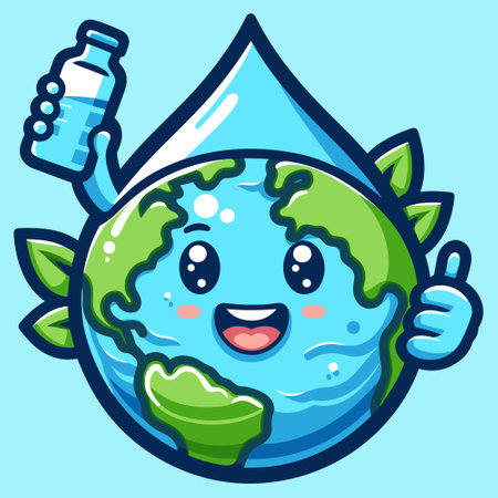 Cute Cartoon Earth with a bottle of water. Vector illustration.のイラスト素材