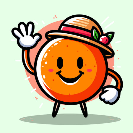 funny orange fruit cartoon character vector,  Happy Orange Vector Art Illustration.Smiling Positive Citrus Fruit Icon, smiling orange characterのイラスト素材