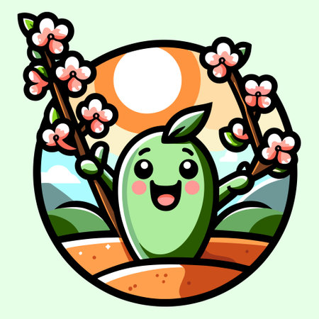 Illustration of an Easter Egg Mascot with a Cherry Blossom in the Backgroundのイラスト素材