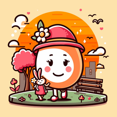 Cute cartoon Easter egg character in the park. Vector illustration.のイラスト素材