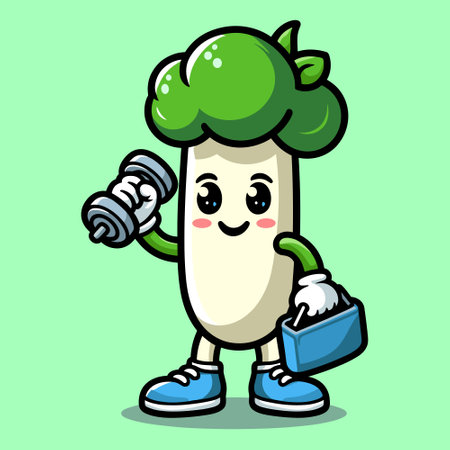 Mushroom mascot cartoon character holding a dumbbell vector illustration.のイラスト素材