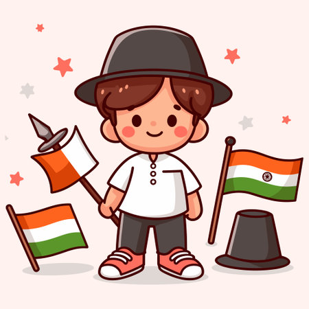 Cute boy wearing hat and holding indian flag. Vector illustration.のイラスト素材