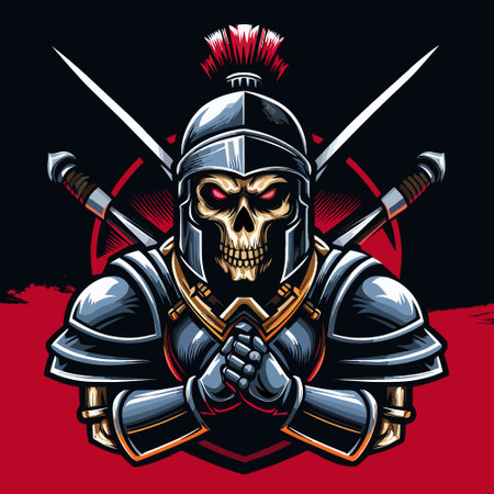 Skull of knight with crossed swords and helmet. Vector illustration.のイラスト素材