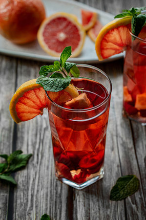 Refreshing summer sangria with grapefruit, mint and iceの写真素材