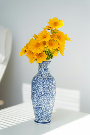 Bouquet of yellow flowers in a blue vase on the windowsill
