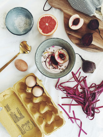 Fresh ingredients for cooking beetroot pie, flat lay, top viewの写真素材