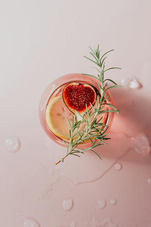 top view of glass of cocktail with rosemary on pink background