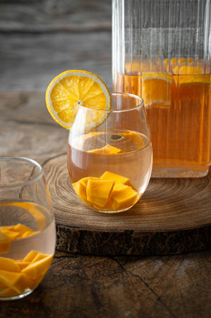 Two glasses of lemonade with lemon and ice cubes on wooden backgroundの写真素材