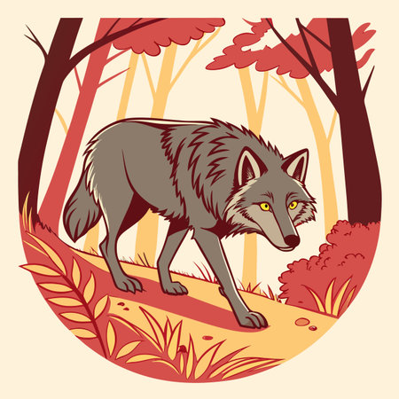 Illustration of a wolf in the autumn forest. Vector illustration.のイラスト素材