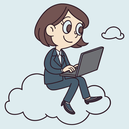 Businesswoman sitting on the cloud and working on laptop. Vector illustration.のイラスト素材