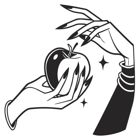Hands holding apple. Black and white vector illustration for coloring book.のイラスト素材