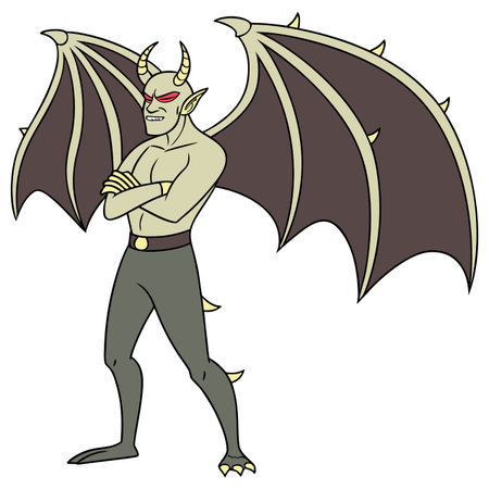 Confident cartoon demon with wings stands guard proudlyのイラスト素材