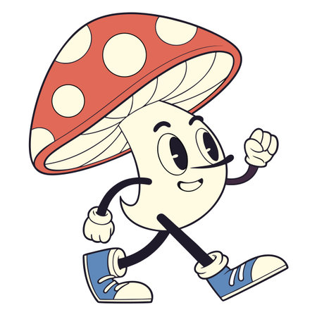 Playful mushroom character running with cute sneakersのイラスト素材