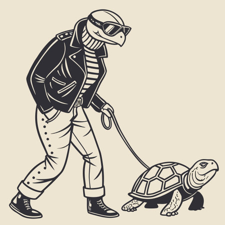 Turtle on a leash. Vector illustration in black and white colors.のイラスト素材