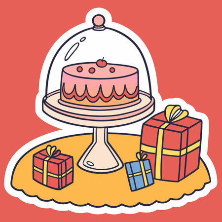 Birthday cake with gift box on table. Vector illustration in doodle styleのイラスト素材