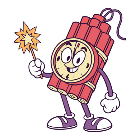 Cartoon bomb character holding a sparkler smiling bigのイラスト素材