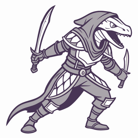 Fierce reptilian warrior with swords ready for action in fantasy combatのイラスト素材