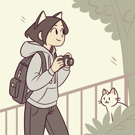 Young photographer with cat ears captures outdoor moments with cameraのイラスト素材