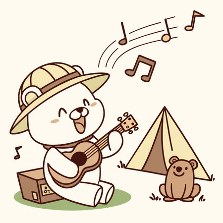 Joyful bear plays ukulele under sunny sky near tent and friendのイラスト素材