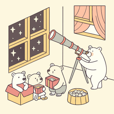 Cute bears explore night sky with telescope, festive gifts nearbyのイラスト素材