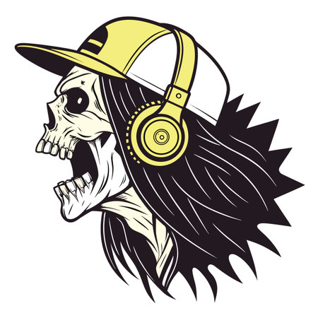 Screaming skull with headphones and cap, music vibeのイラスト素材