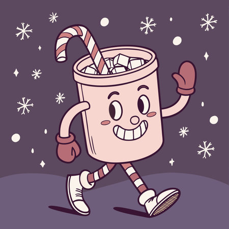 Joyful hot chocolate character walks in winter snowのイラスト素材