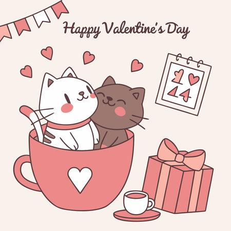 Valentine's Day cats cuddling in a heart mugのイラスト素材