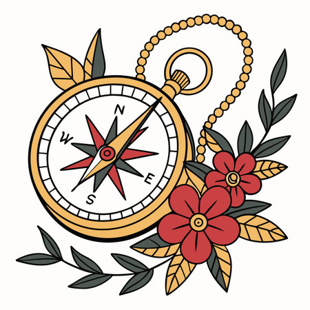 Vintage compass rose with flowers tattoo designのイラスト素材