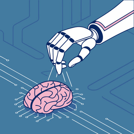 Robot hand reaching for brain, AI data analysis