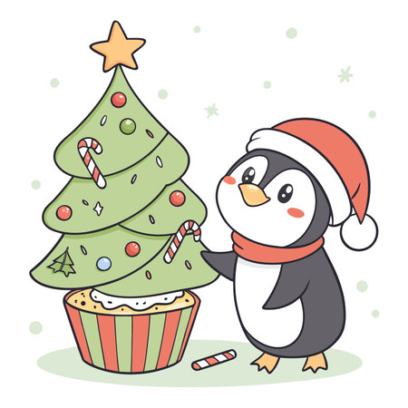 Festive penguin decorates whimsical Christmas treeのイラスト素材