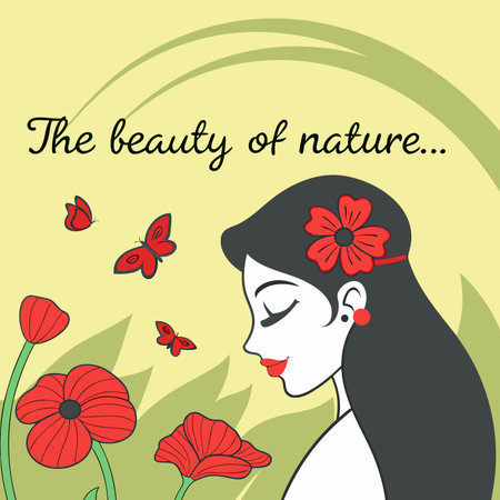 Beautiful girl with red flowers and butterfly. Greeting cardのイラスト素材