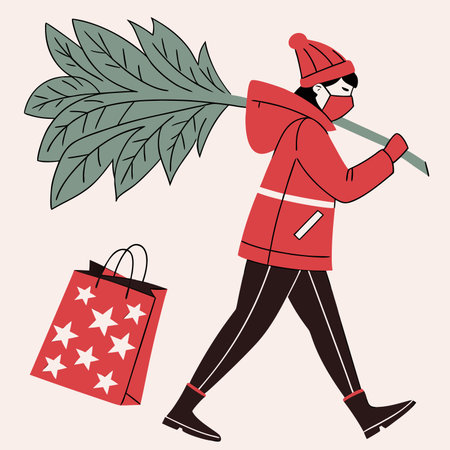 Vector illustration of a girl in a red coat with a broom and shopping bags.のイラスト素材