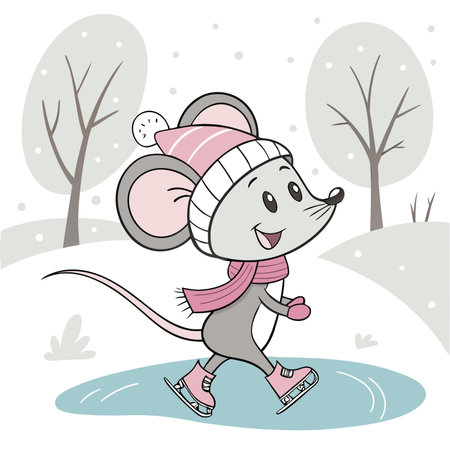 Cute cartoon mouse skating in the winter park. Vector illustration.のイラスト素材